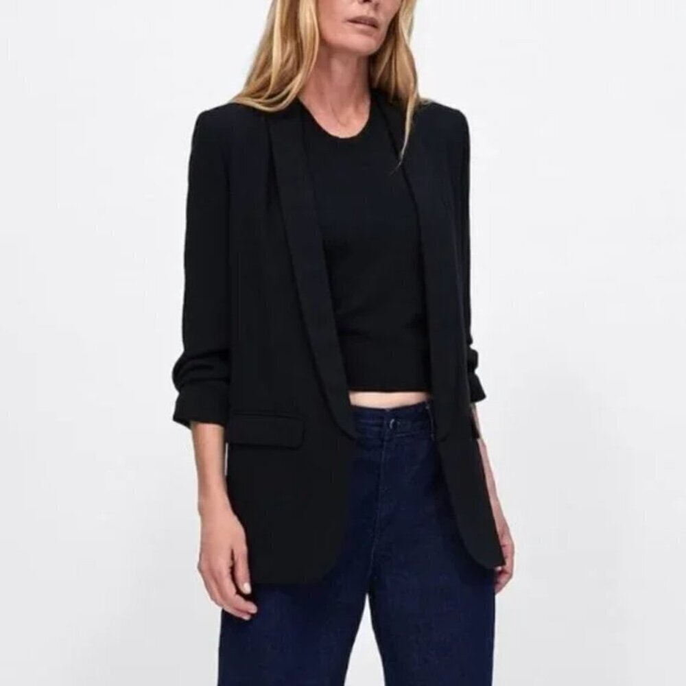 Zara Ruched Scrunch Sleeve Boyfriend Blazer Solid Black Size S - Picture 3 of 4